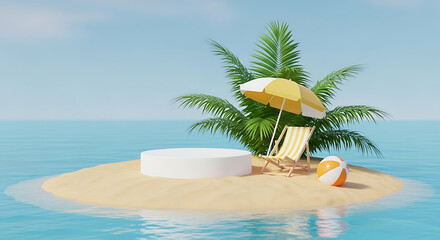 Fototapeta premium Tropical Island Beach Scene with Lounge Chair Umbrella and Beach Ball