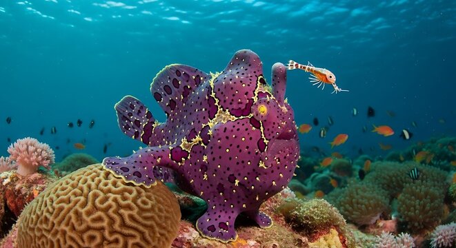 Purple frogfish on coral reef with small creature underwater marine life