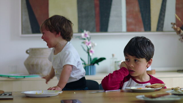 Young children sitting at table during mealtime with one child crying and pointing while older sibling sits pensive and disengaged showing contrasting emotions in home environment