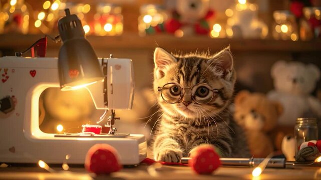 Kitten in glasses sits near a sewing machine with a warm lamp
