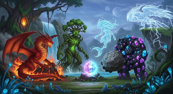 Fantasy Elemental Creatures Gathering Around Magical Orb.