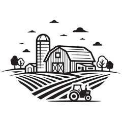 Naklejka premium Minimalist farm landscape vector illustration featuring a barn silo and tractor in plowed fields for agricultural branding
