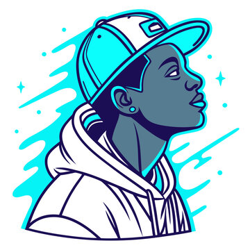 Man wearing a baseball cap and hoodie looking up.