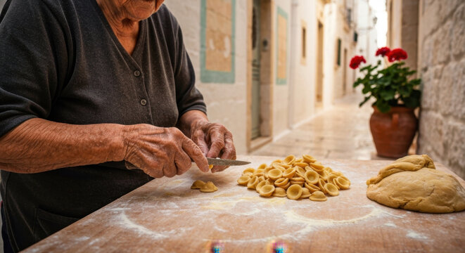 Elderly Apulian woman skillfully crafting traditional Orecchiette pasta by hand in a sunlit cobblestone alleyway in Bari Vecchia, Italy
