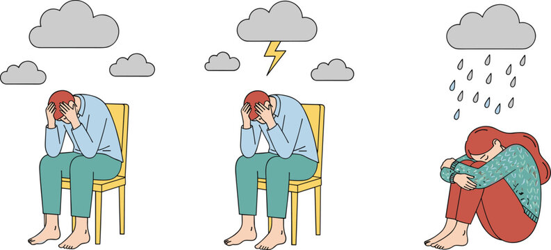 Sad Depressed People Sitting Alone with Storm Clouds Mental Health Anxiety and Stress Concept Flat Vector Illustration Set
