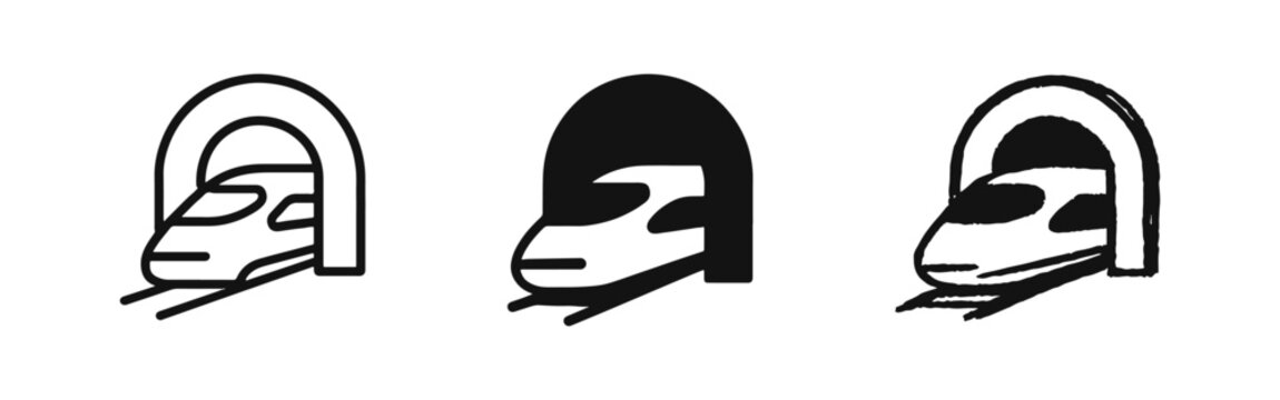 High Speed Train Tunnel Icon Set in Outline, Solid, and Hand-Drawn Styles