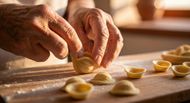 Elderly Puglian Nonna's Weathered Hands Shaping Authentic Fresh Orecchiette Pasta on Rustic Wooden Board