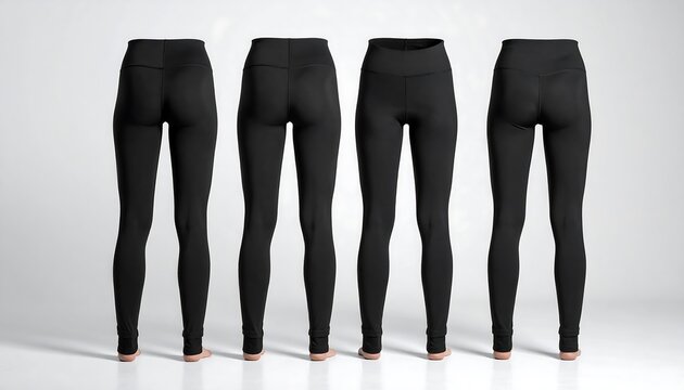 Four pairs of black leggings are displayed from the rear, showcasing their sleek design and fit. They are on a white background