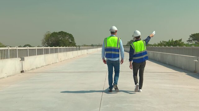 Construction worker bridge walkway concrete safety vest and hard hat, bridge engineer inspection of walk concrete road, outdoor infrastructure pathway with railing and daylight back view to people