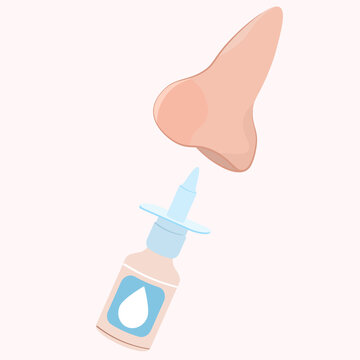 A nasal spray bottle with a blue droplet icon being applied to a human nose silhouette. Perfect for allergy, congestion and sinus treatment themes.