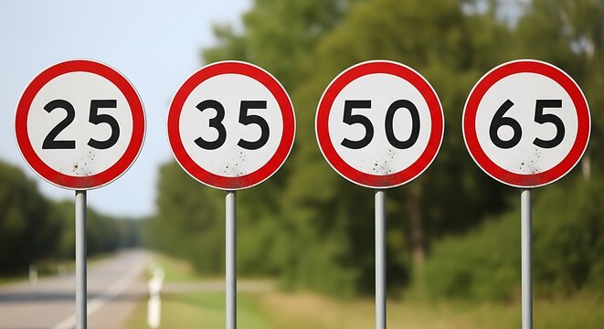 Roadside speed limit signs displaying various numeric values