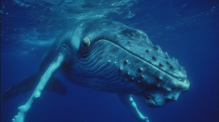 Fototapeta premium Majestic Humpback Whale Swims Gracefully Underwater in Deep Blue Ocean