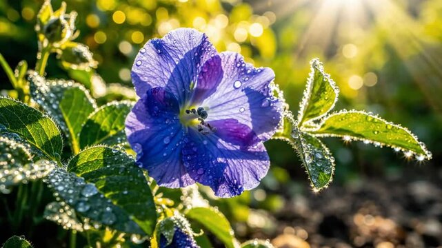 Morning sun shining on a vibrant blue flower with water droplets glistening in the sunlight, creating a beautiful natural scene.
