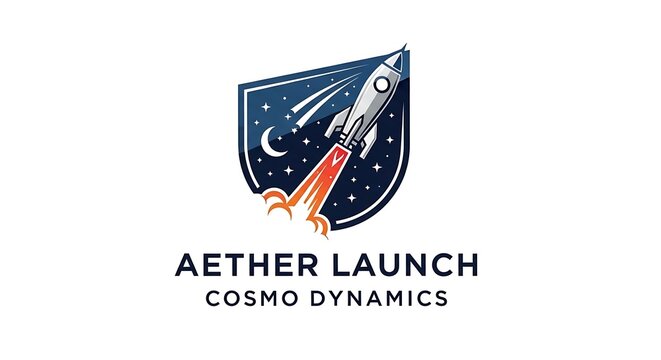 Rocket launching through space in shield logo concept with starry background