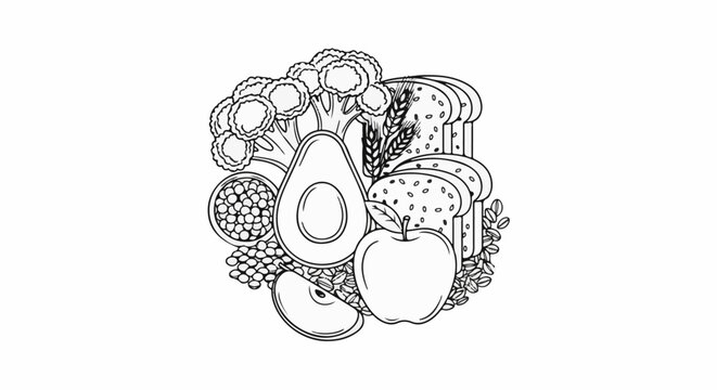 A collection of healthy food items including bread, fruit, vegetables, and grains