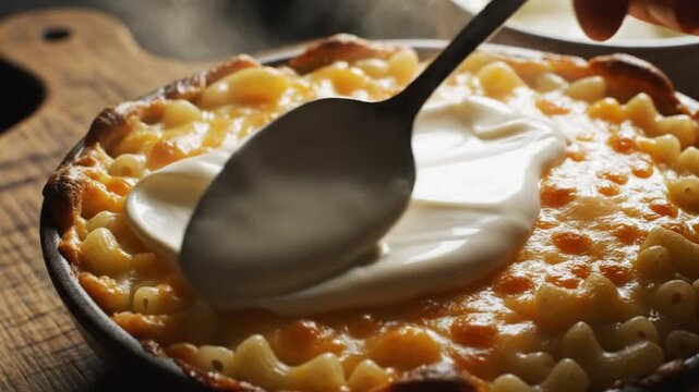Creamy sauce being drizzled onto a delicious, freshly baked mac and cheese in a rustic skillet, ready to serve.