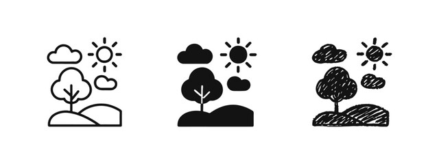 Naklejka premium Landscape nature icon set with tree, sun, and clouds in outline, solid, and hand-drawn styles