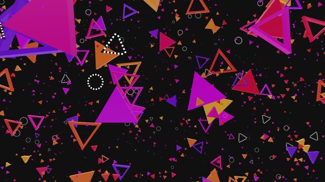 4K seamless VJ loop with vibrant floating orange and purple triangle and circle shapes over a dark background for party visuals, children's events, stage screens, music festivals and LED video walls