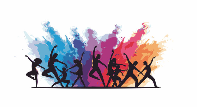 Silhouettes of diverse dancers in dynamic poses against vibrant, abstract color splashes