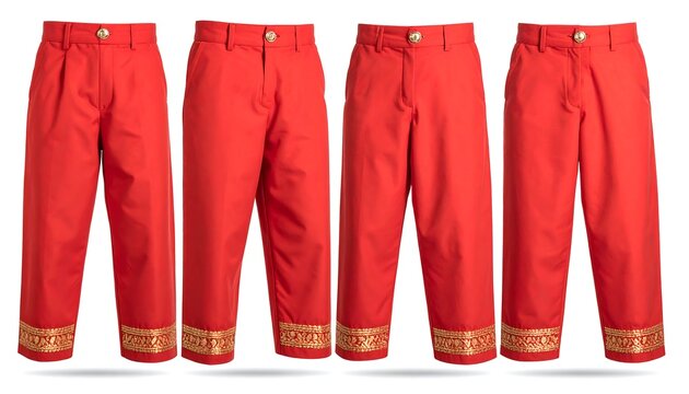 Four pairs of red pants with gold embroidery at the hem, displayed in a row against a white background. Each pair has a button closure