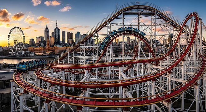 Roller coaster with skyline view at sunset entertainment and amusement