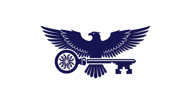 Blue heraldic eagle holding skeleton key on white background