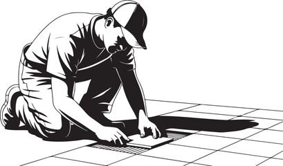 A man kneeling and installing tile flooring depicted in a striking black silhouette high quality .Flooring Worker Laying Tiles © BULBULI