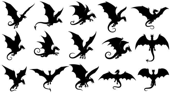 Flying Black Dragon Silhouette Vector Set Fantasy Creature Illustration Collection
