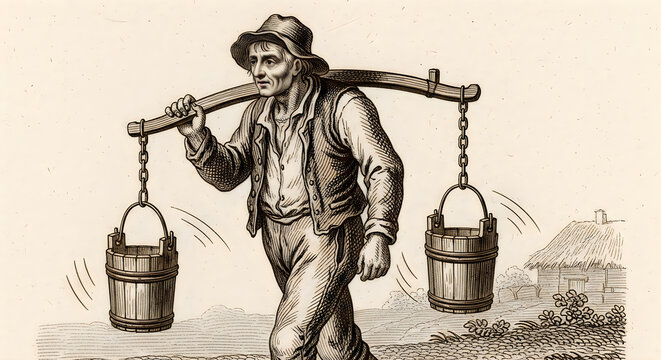 Man carrying water buckets on shoulder pole during harvest season with rural landscape