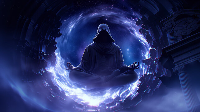 Silhouette of monk levitating in lotus pose through mystical space portal with stars, spiritual journey and astral projection