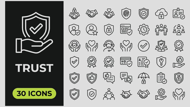 Trust Web Icon Set in Linear Style. Collection of reliable, line icons, including trustworthy, credibility, assurance, integrity, confidence, promise, loyalty, honesty and more. Editable stroke