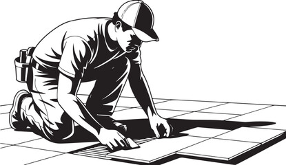 A man kneeling and installing tile flooring depicted in a striking black silhouette high quality .Flooring Worker Laying Tiles © BULBULI