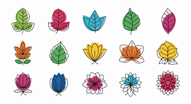 Collection of stylized leaves and flowers in vibrant colors and simple outlines