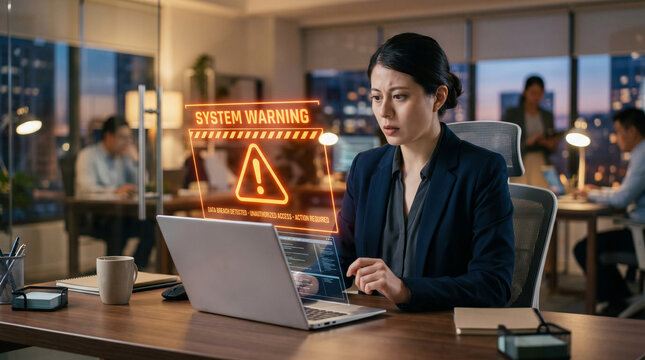 Cybersecurity alert early risk identification in office, worried woman at laptop, data threat