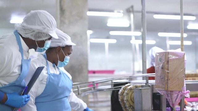food safety researchers in lab coats discussing quality audit findings in seafood processing facility. A food safety inspector holding a clipboard while overseeing factory workers processing seafood