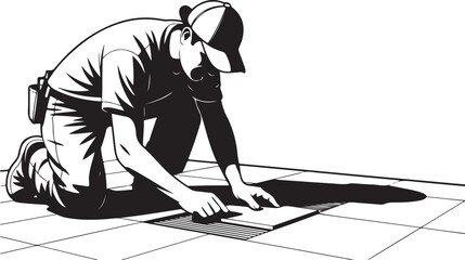 A man kneeling and installing tile flooring depicted in a striking black silhouette high quality .Flooring Worker Laying Tiles © BULBULI