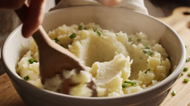 Creamy mashed potatoes being stirred with a wooden spoon in a white bowl, butter and chives