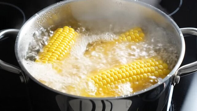 Boiling fresh corn on the cob in a pot, cooking process on a stove top with bubbles and steam