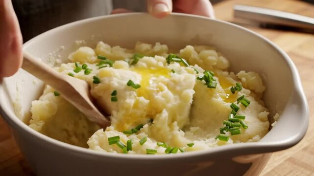 Creamy mashed potatoes being stirred in a bowl with melted butter and fresh chives for a delicious meal.