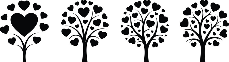 Fototapeta premium Four Heart Shaped Trees Black and White Silhouette Vector Illustration, Romantic Nature Scene for Love, Valentine Theme, Wedding Design, and Elegant Decorative Artwork