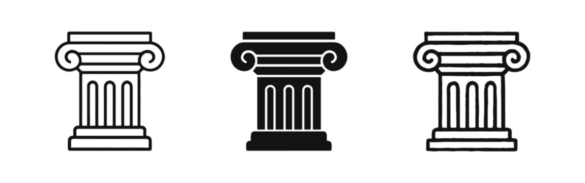Ancient pillar column icon set in outline, solid, and hand-drawn styles