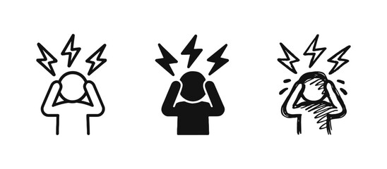 Stressed person headache icon set in outline, solid, and hand-drawn styles © ICONS FOR YOU