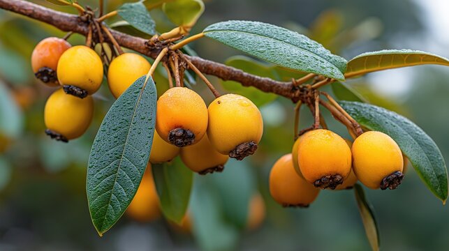 Fresh loquat fruits with water droplets on tree branch. Healthy organic fruit concept for hydration and nutrition