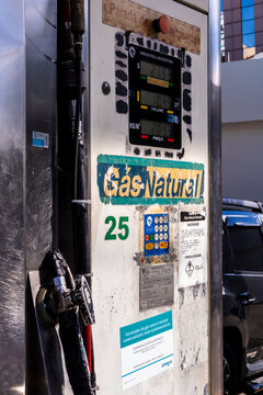 Sao Paulo, SP, Brazil, March 30, 2017. Natural gas vehicle (NGV) fueling pump at a gas station, featuring a digital display for volume and pricing. 