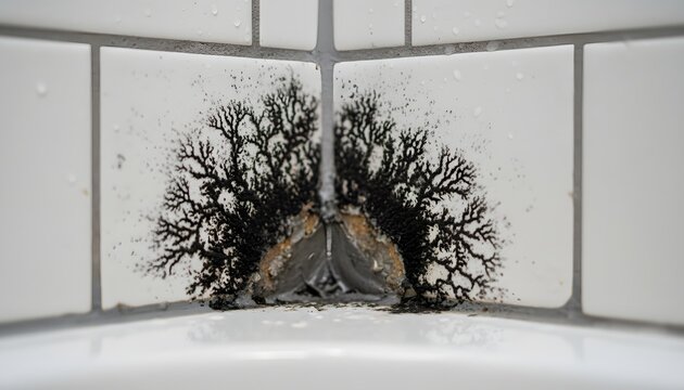 Black toxic mold growing in the corner of a white tiled home shower, illustrating moisture damage and household neglect for domestic hygiene health hazard concept