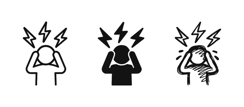 Stressed person headache icon set in outline, solid, and hand-drawn styles