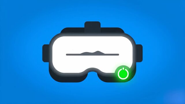 A flat vector-style icon depicting a virtual reality headset with a power-on indicator light. This graphic is suitable for technology-focused projects, user interfaces, or gaming-related branding.