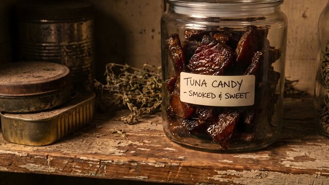 A glass jar labeled 'Tuna Candy Smoked & Sweet' filled with dark, dried tuna pieces on a rustic wooden shelf, alongside dried green herbs and old metal tins.