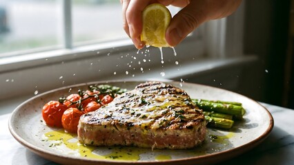 A hand squeezing fresh lemon juice over a perfectly grilled tuna steak, served with vibrant roasted cherry tomatoes and green asparagus on a rustic plate.