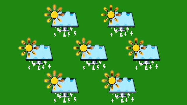 A colorful seamless pattern displaying solar panels, sun icons, and lightning energy symbols repeating on a vibrant green backdrop. Designed for green energy commercials, eco-friendly tech promos, sol